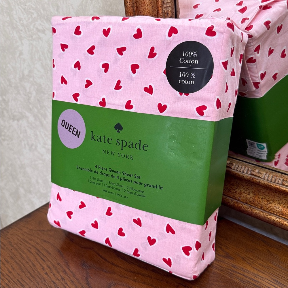 Kate Spade Pink and Red Heart Queen Sheet Set. Pink background. 100% cotton. - Picture 2 of 9